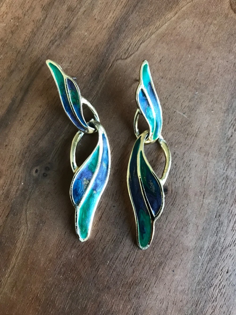 Vintage Goldtone Blue Green Enamel Dangle Pierced Earrings Statement 80s 90s‎